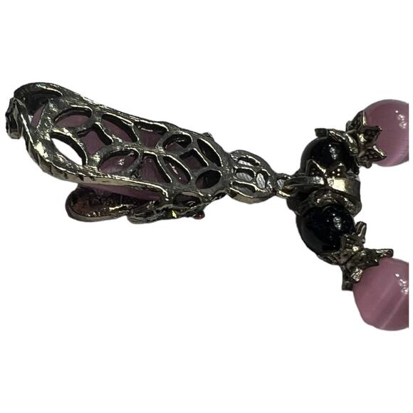 Vintage Style Pink Quartz & Blue Bead Necklace with Lucky Cat Pendant Charm - Picture 9 of 11